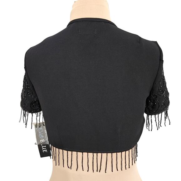 NEW Eva Blue Black Dressy Shrug Cardigan with Embellished Fringe Sleeves Size 6 - Picture 2 of 12